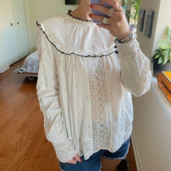 Sezane Ruffled Lace High Neck Eyelet Blouse White - Picture 6 of 7